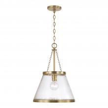  355312AD - 1-Light Cone Pendant in Aged Brass with Organic Hammered Glass