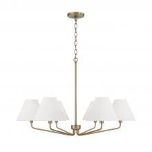  456661AD-714 - 6-Light Angular Chandelier in Aged Brass with Tapered White Fabric Shades